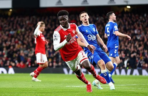 Arsenal's Bukayo Saka celebrating his goal against Everton