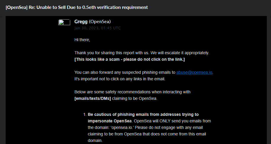 OpenSea's reply to my email and confirmation that I was actually being scammed