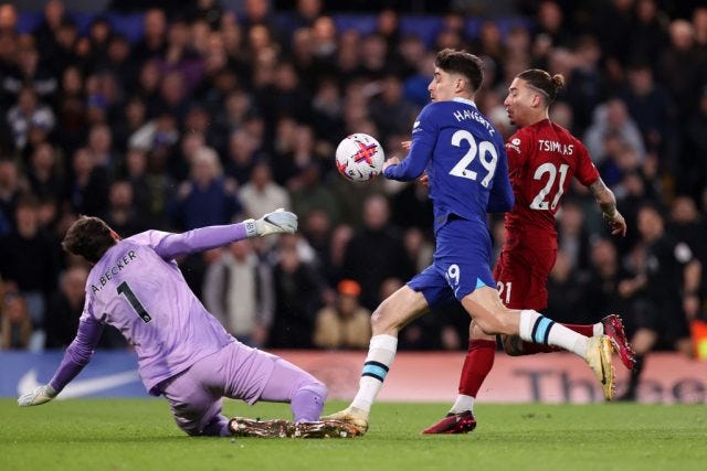 Chelsea's Kai Havertz as he attempted to score against Liverpool