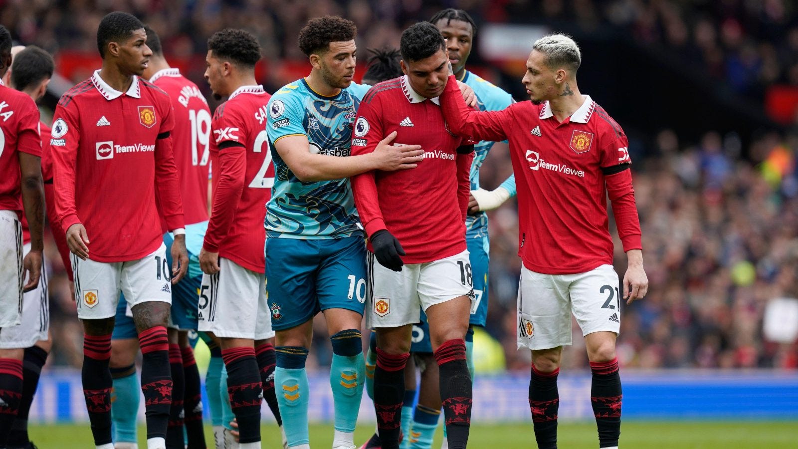 Man United's Casemiro looking distraught after being shown a red card in their game against Southampton