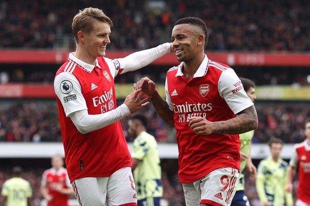 Gabriel Jesus celebrating his goal against Leeds with teammate Odegaard