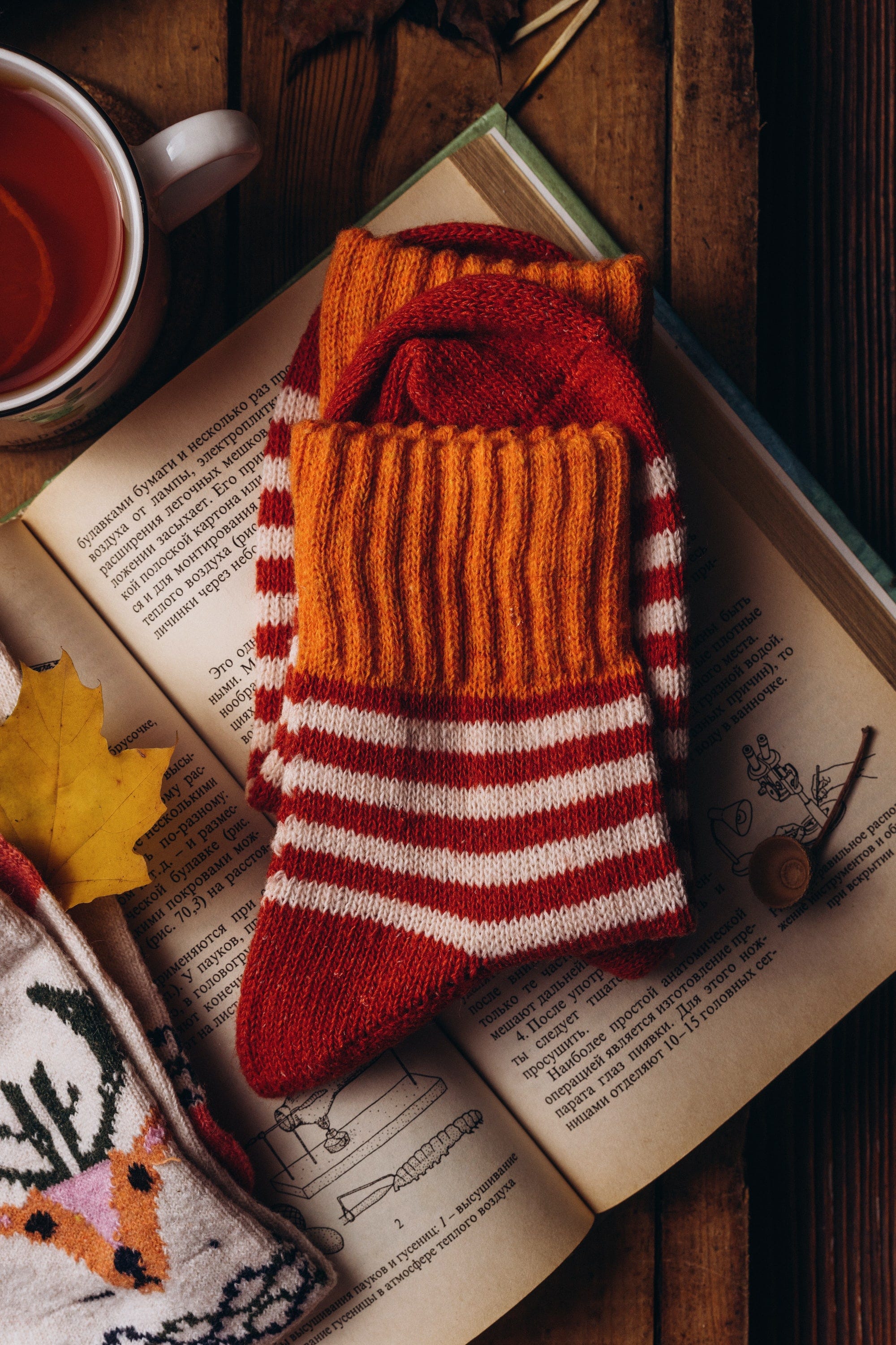 Two cozy pair of cloth socks placed on top of a book