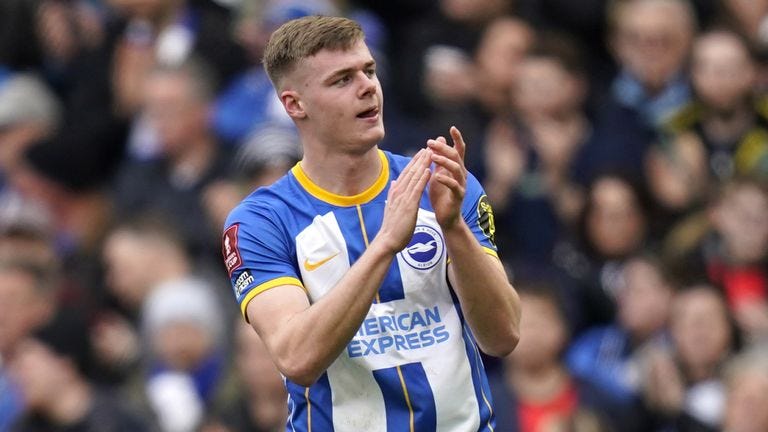 Brighton's Evan Ferguson celebrating his goal against Grimsby Town in the FA Cup Quarterfinals