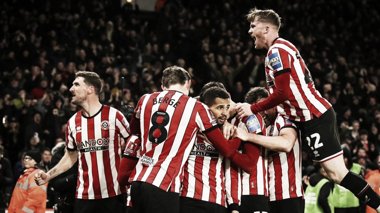 Sheffield United's players celebrating a goal against Blackburn Rovers