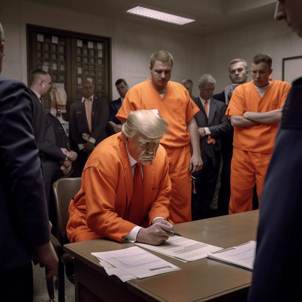 An AI-generated image showing Trump in an orange suit signing some documents in a court room just after sentencing