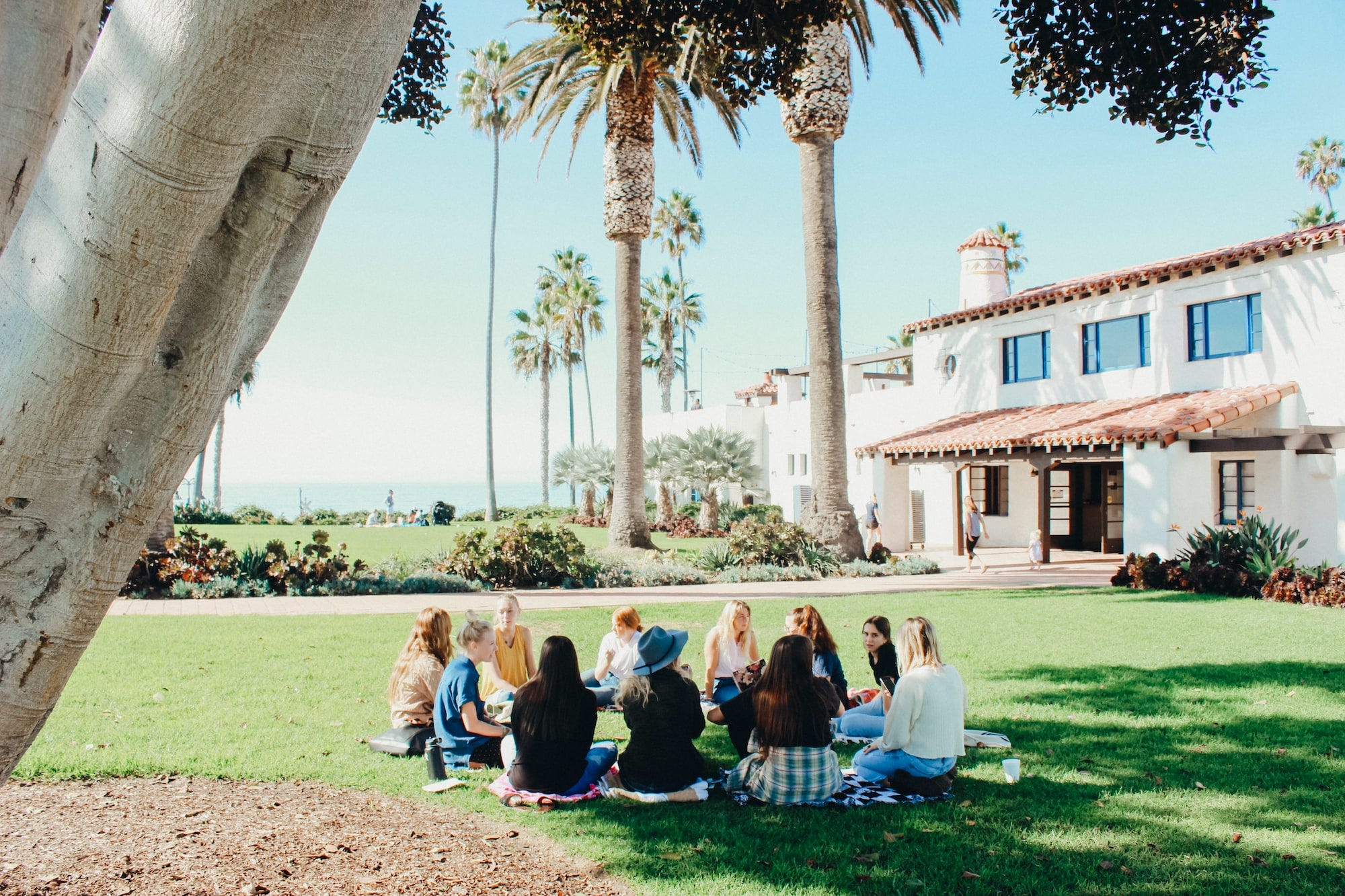 A group of people seated together in a circle under a tree