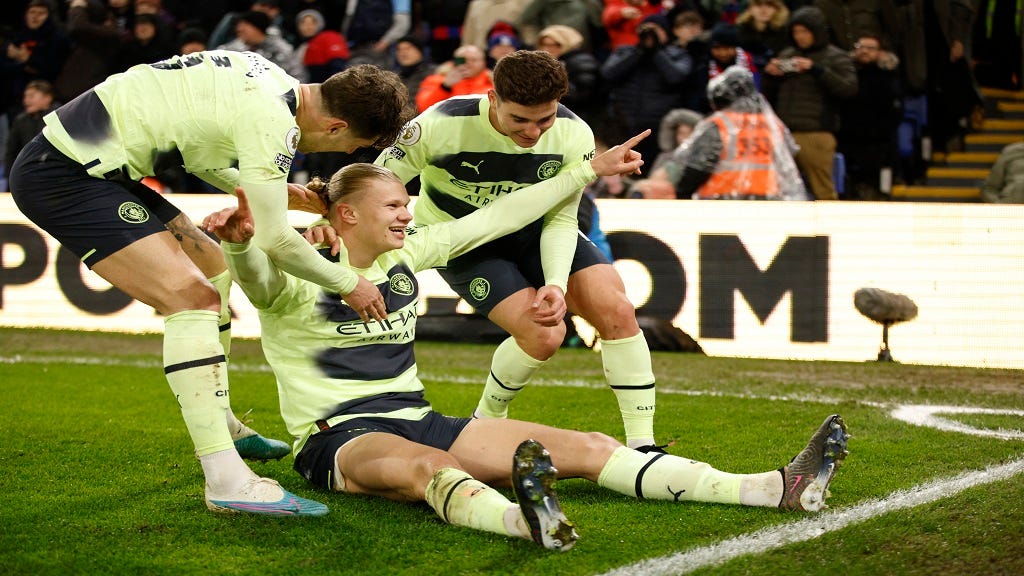 Man City's Erling Haaland celebrating his goal against Crystal Palace together with his teammates