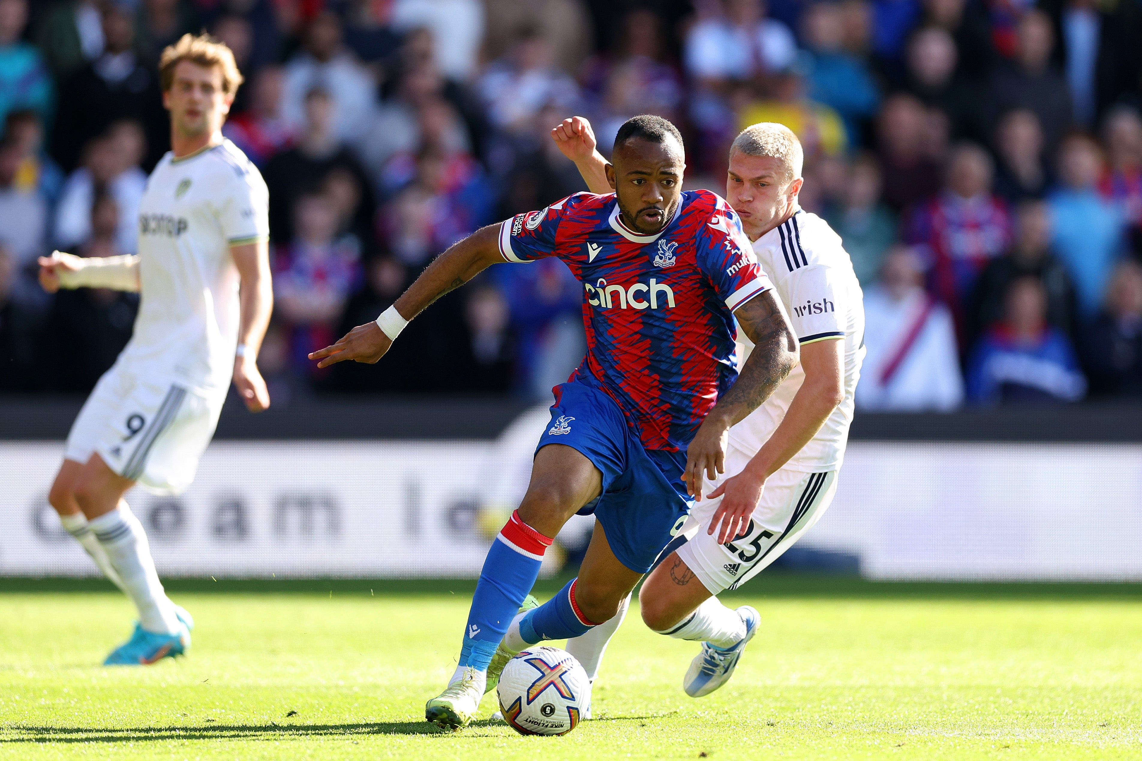 Jordan Ayew playing against Leeds United. He scored a brace for Crystal Palace in their 5-2 win against Leeds United