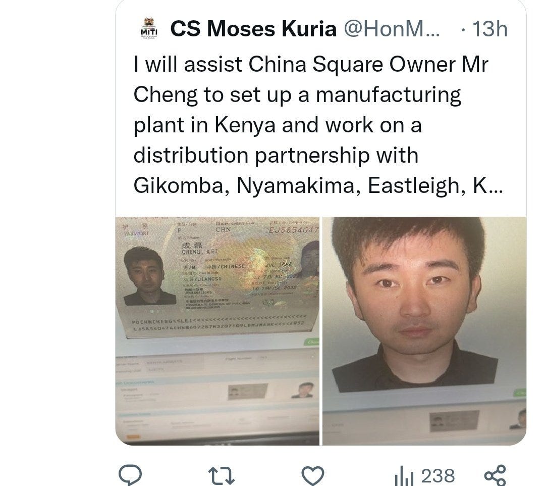 A screenshot of the distasteful tweet that Trade CS Moses Kuria tweeted directly attacking China Square owner Lei Cheng