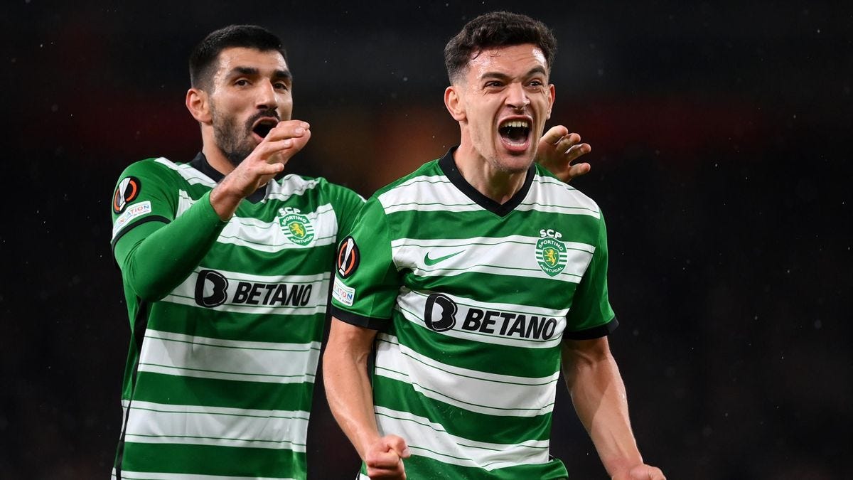 Pedro Goncalves celebrating his wonderful goal against Arsenal in their Europa League Round of 16 Leg 2 encounter