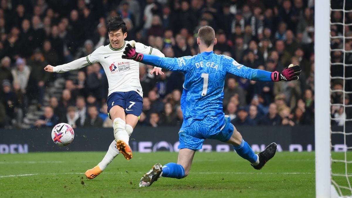 Spurs' Son Heung-Min scoring his goal against Man Utd as the two teams drew 2-2