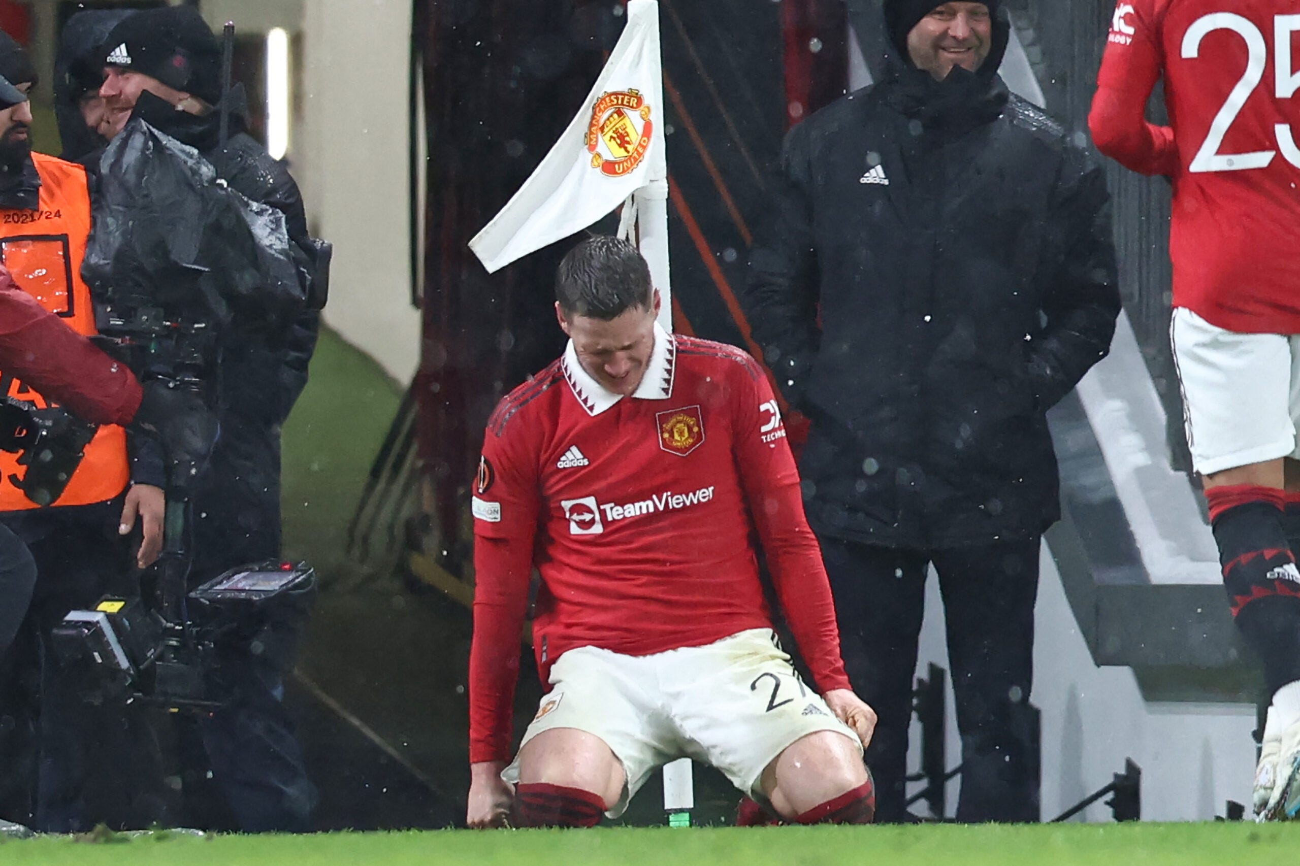 Man United's Wout Weghorst celebrating his goal against Real Betis with a show of emotion