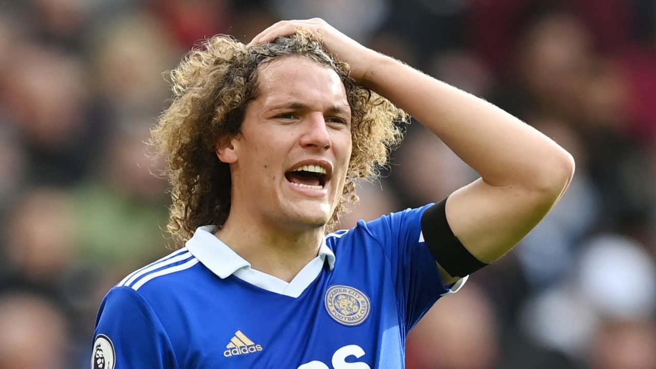 Leicester's Wout Faes holding his head seemingly at a loss after the team lost to Blackburn Rovers in the FA Cup