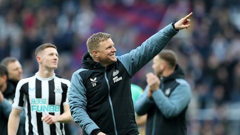 Newcastle's manager Eddie Howe pointing to fans as he celebrated the 2-0 win against Manchester United