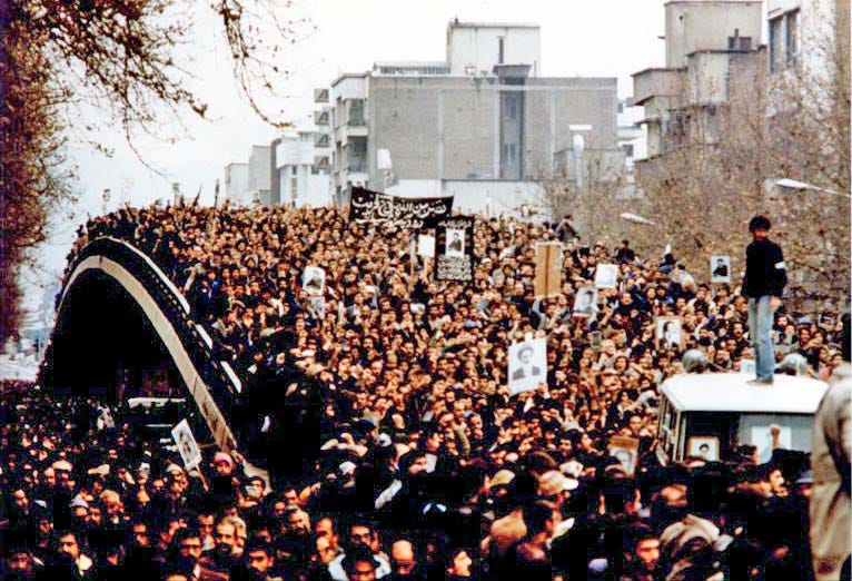 Mass demonstrations at College Bridge, Tehran during the Iranian Revolution