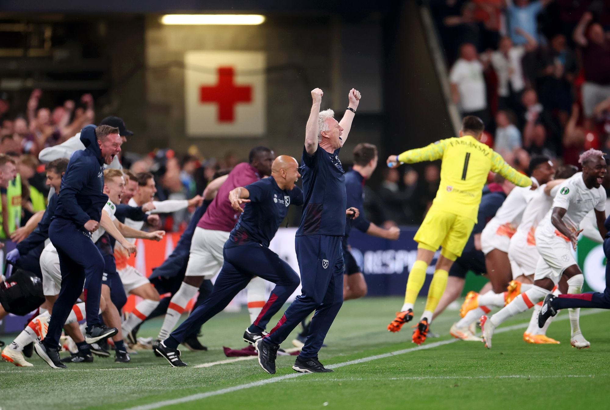 West Ham coach David Moyez celebrating their UECL win