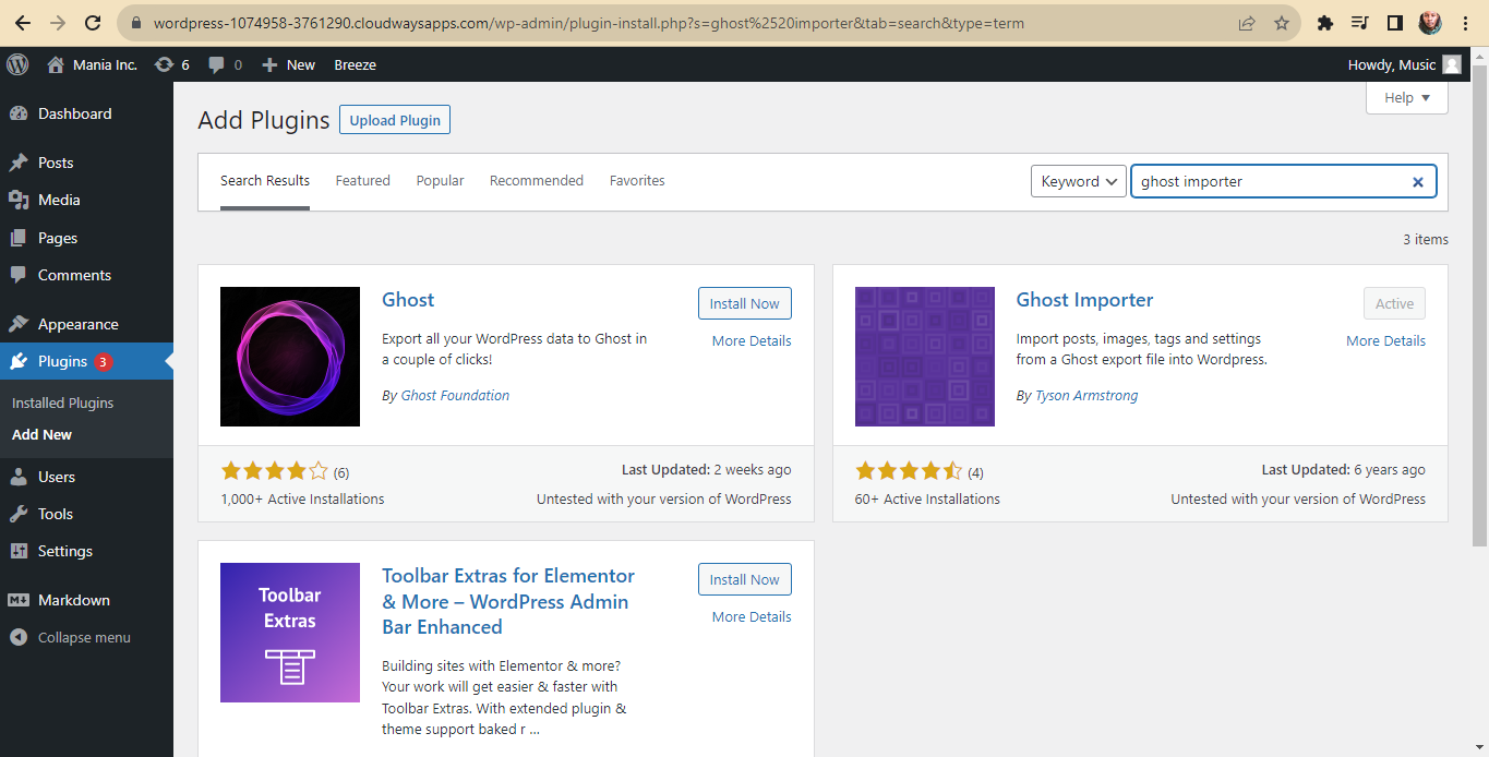 WP Add New Plugin Ghost Importer