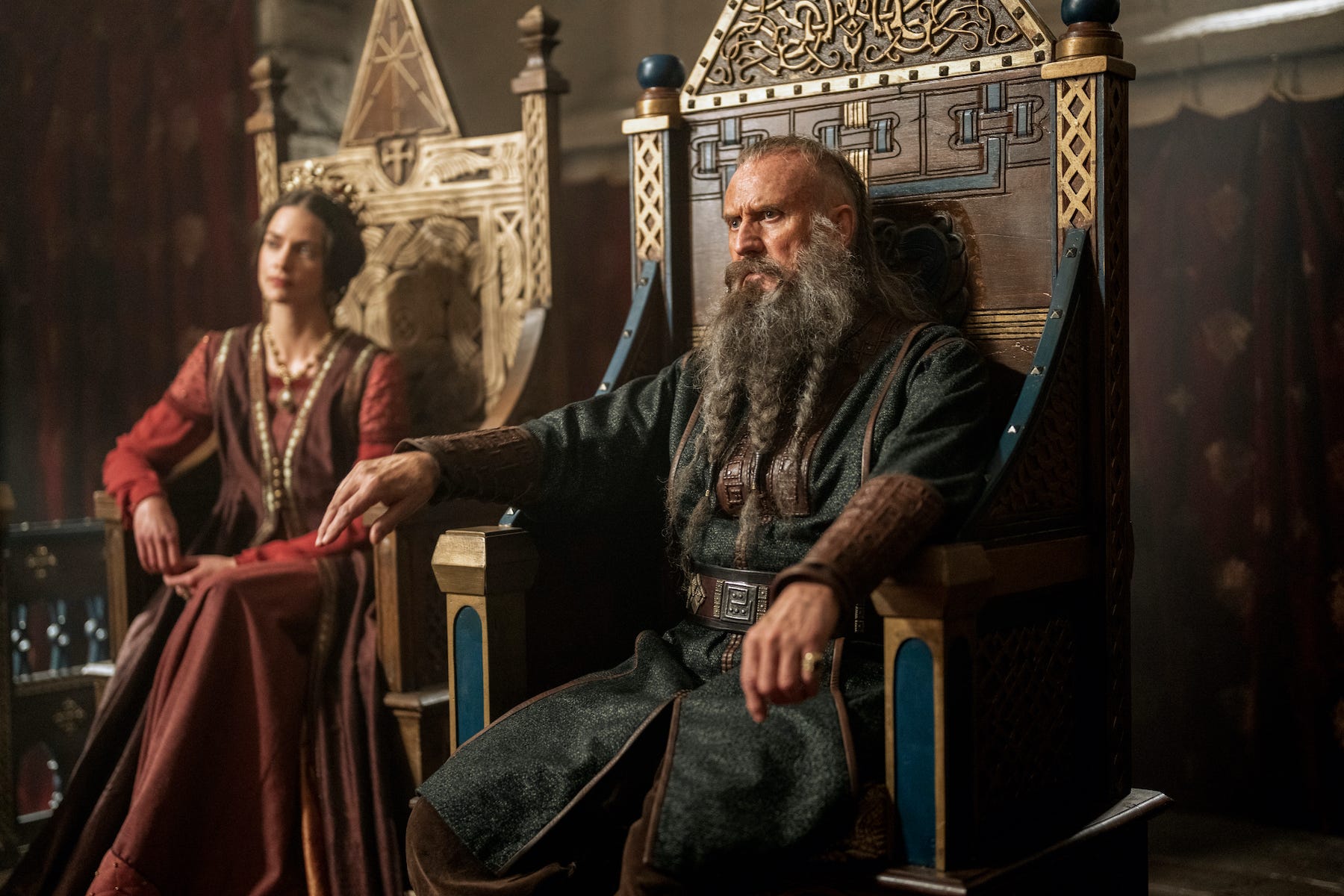 King Canute's father, Sweyn Forkbeard sitting on the English throne alongside Queen Emma of Normandy