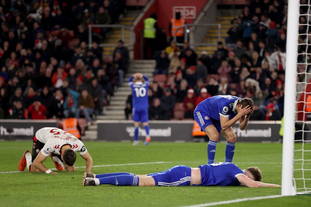 Leicester City's players seemingly deflated and dissapointed in their game against Southampton