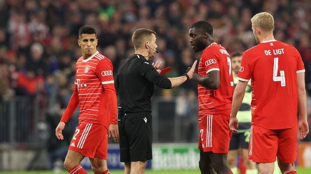 Real Madrid's Upamecano had already been sent off when a VAR checked saved him and the red card was rescinded