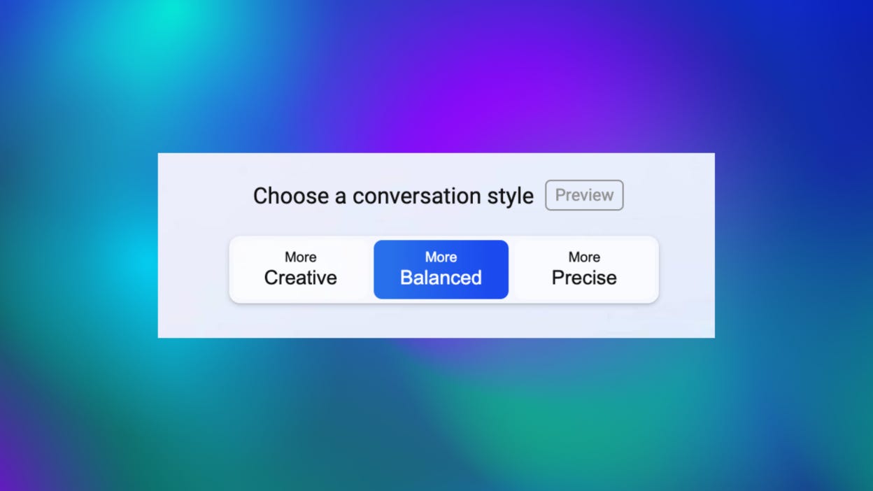 The various conversational styles available on Bing AI Chatbot