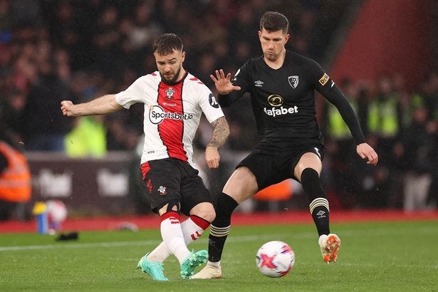 A Southampton player playing against his Bournemouth counterpart in EPL Gameweek 33