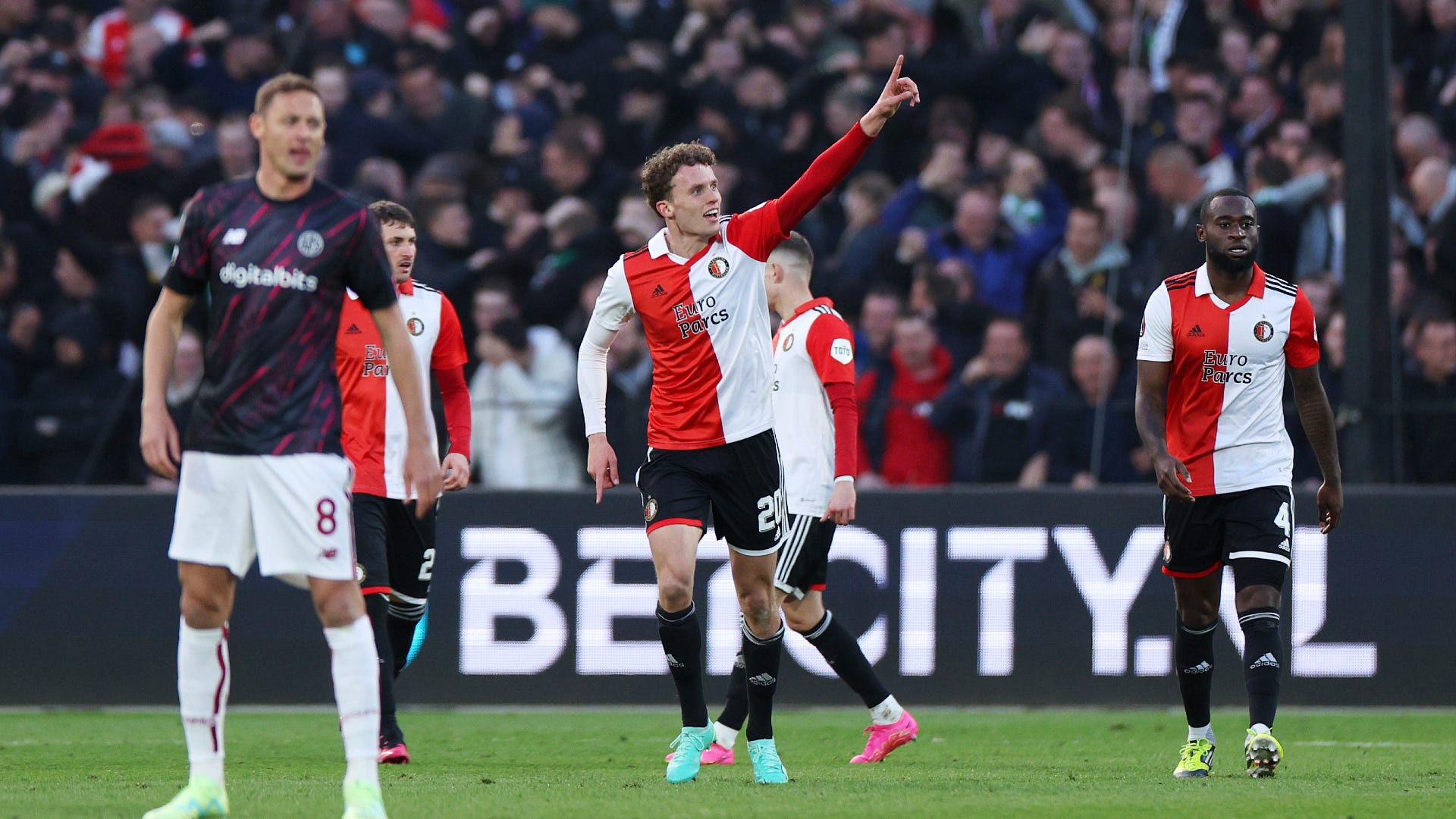 Mats Wieffer celebrating his goal against Roma in the 1st Leg of the Europa League Quarterfinals