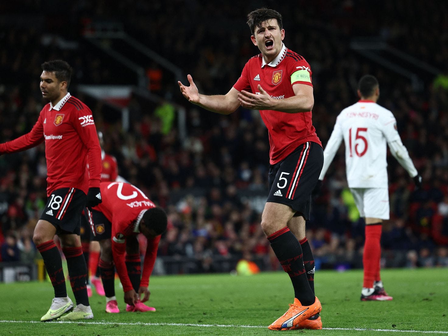 Harry Maguire after scoring an own goal in their game against Sevilla