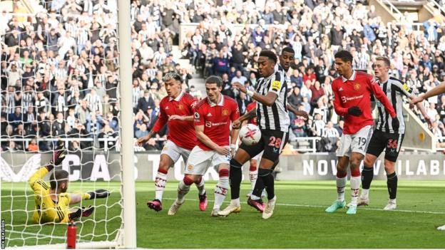 Newcastle's Joe Willock in Man United's box