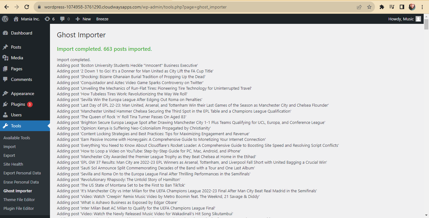 Ghost Importer Plugin Import Completed and Posts Added