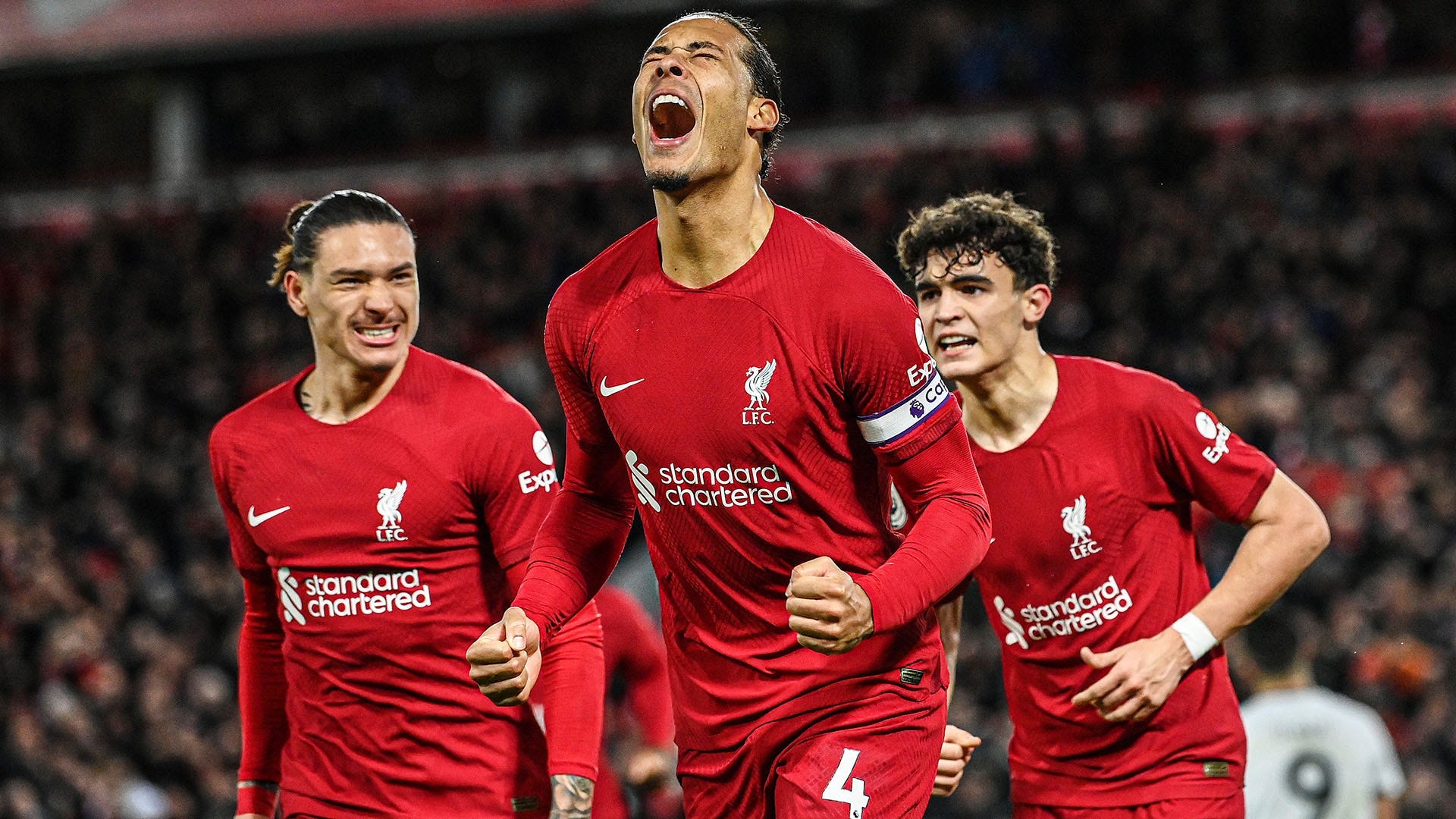 Virgil van Dijk celebrating his goal against Wolves along his teammates