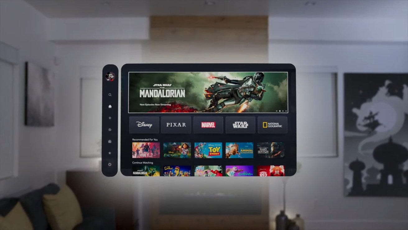 How the UI looks when wearing Vision Pro. Apple announced that Disney + content will be available on the headset for users to enjoy.