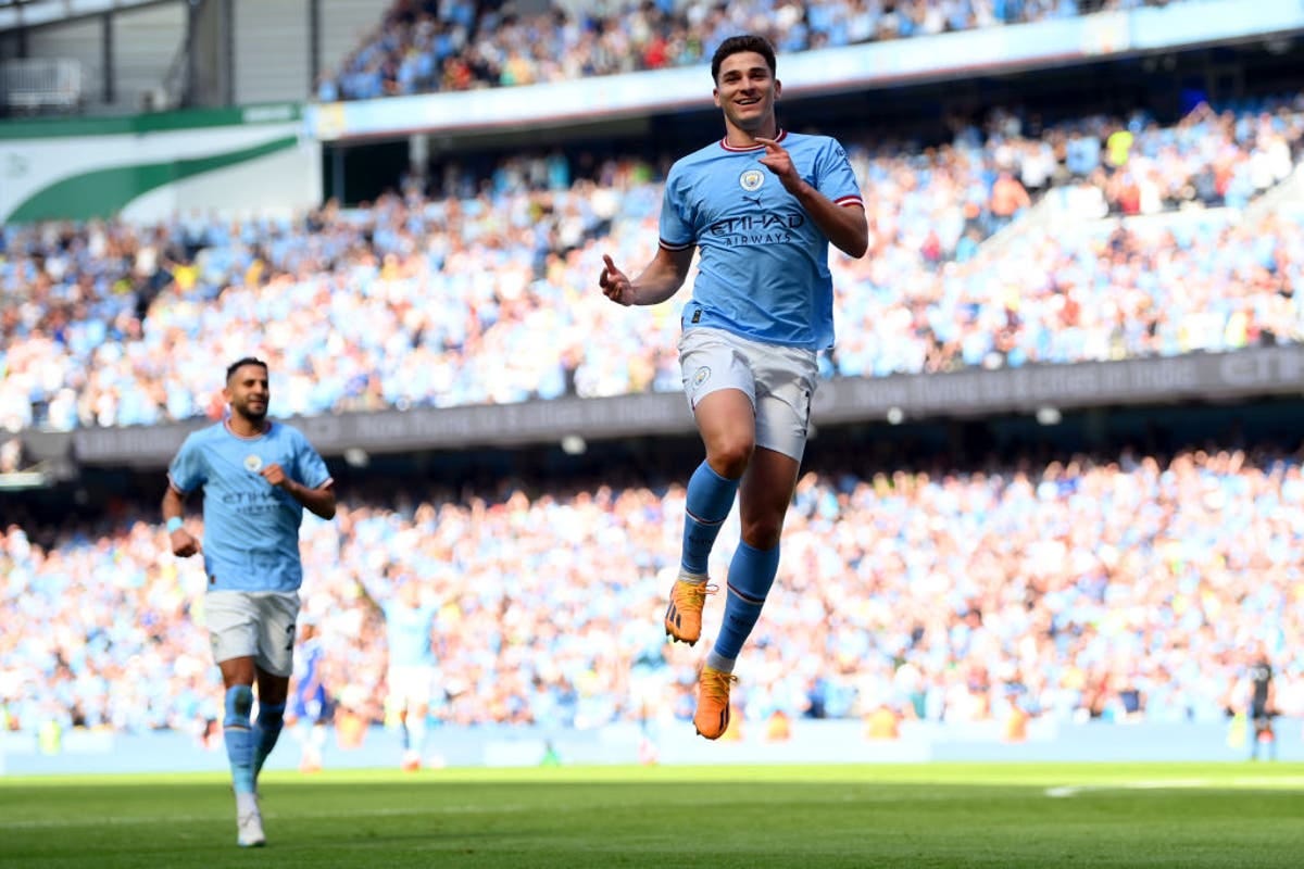 Man City's Julian Alvarez celebrating his goal against Chelsea