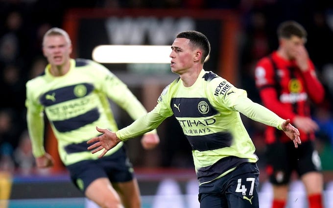 Phil Foden celebrating his goal against Bournemouth with Erling Haaland running to him to celebrate together