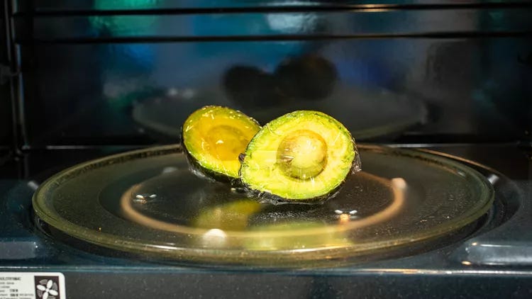 Ripening avocado in the microwave. You can help ripen an avocado fast by microwaving it after you've cut it in half and wrapped it in plastic wraps