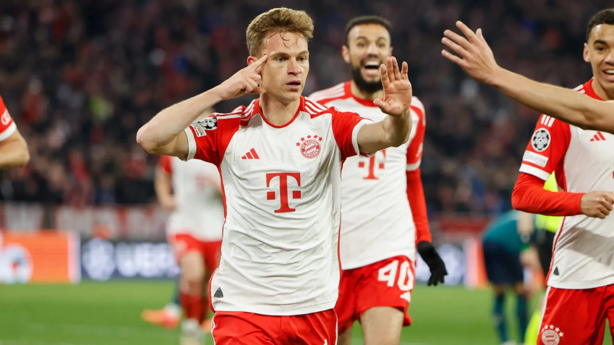 Joshua Kimmich celebrating his match-winning goal against Arsenal in UCL 23-24 Quarterfinals | UEFA Champions League 2023 -24 | Mania Sports