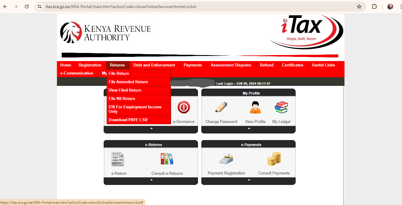 Selecting 'File Returns' in the KRA iTAX Portal | Filing KRA Returns Using a P9 Form in Kenya | Mania Tech
