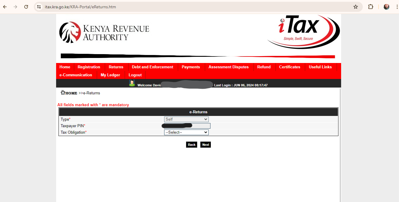The eReturns page in KRA iTAX | How to File KRA Returns | Mania Guides