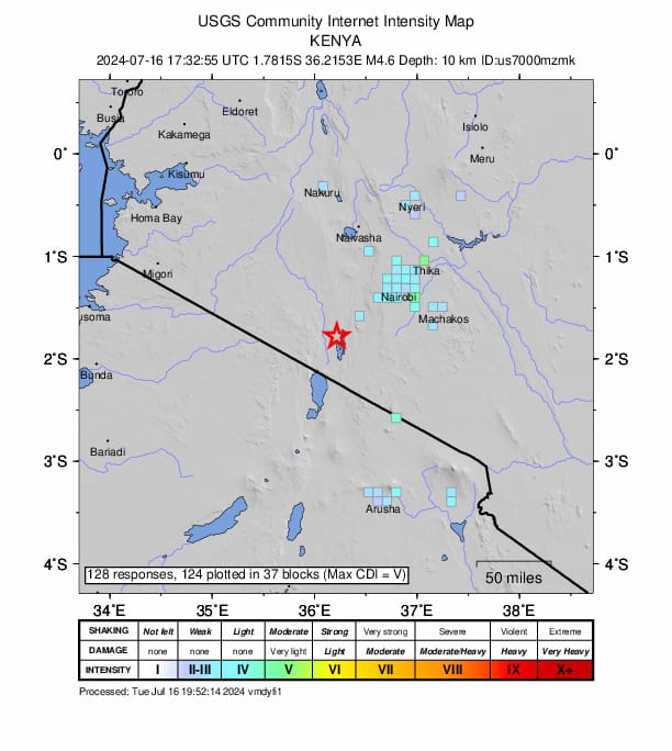 The USGS Community Internet Intensity Map for the quake | Kenya Earthquake: Magnitude 4.6 Earthquake Hits Kenya Near Lake Magadi | Mania News