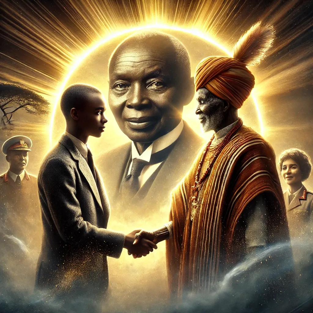 DALL·E AI-Generated Image  - A mythical and enlightened scene of a young man, Morara Kebaso, greeting Tom Mboya, a dark-skinned African statesman and pan-Africanist, as Kenya gains her independence | Mania Africa