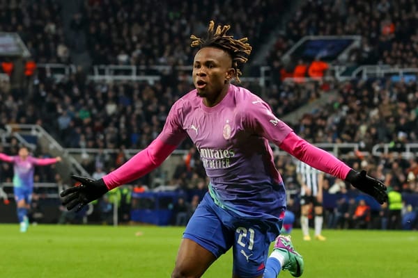 Inter Milan's Chukwueze celebrating a match-deciding goal against Newcastle | UCL Round of 16 Qualifiers | Mania Africa