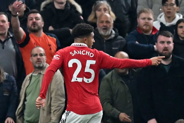 Man Utd's Jadon Sancho celebrating his EPL Gameweek 33 goal against Tottenham