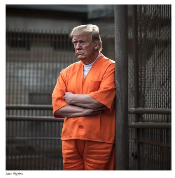 An AI-generated image of Donald Trump in jail wearing orange overalls