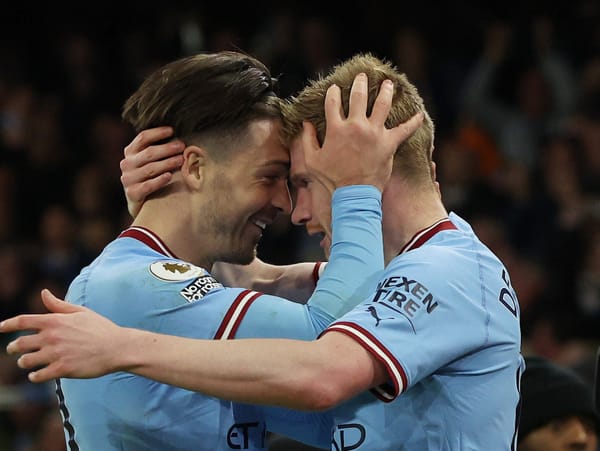 Kevin De Bruyne celebrating his brace against Arsenal with Jack Grealish in EPL GW 33