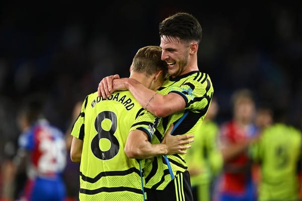 Declan Rice and Martin Odegaard celebrating