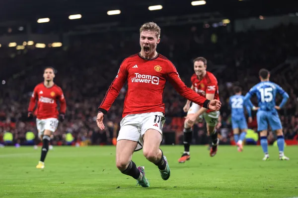 Rasmus Hojlund celebrating his maiden home goal for Man United | Premier League Updates | Mania Africa