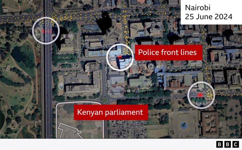 Unmasking the Killers: BBC Africa Eye’s ‘Blood Parliament’ Exposes Fatal Shootings During Kenya Finance Bill Protests 5 | Mania Africa | maniainc.com BBC's Geographical Mapping of Kenyan Gen-Z protestors marching to #OccupyParliament on June 25th 2024